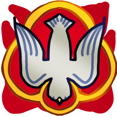 a symbol of a dove, viewed from above and flying downwards. it has a golden halo, and a shape like three golden circles around it. there are red flame shapes behind it.
